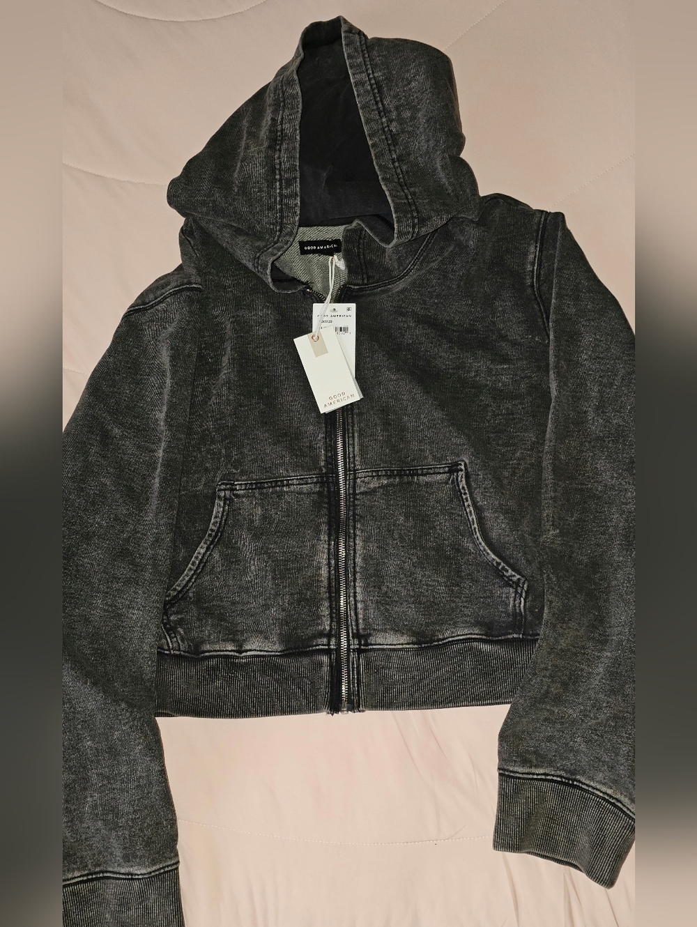 Good American Washed Dark Gray Cropped Hoodie, NWT